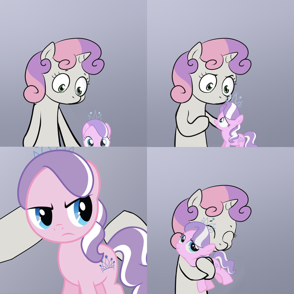 Size: 2000x2000 | Tagged: derpibooru import, diamond tiara, exploitable meme, hug, meme, obligatory pony, safe, size difference, sweetie belle, sweetie's note meme