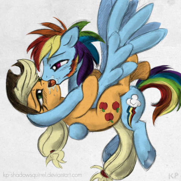 Size: 800x800 | Tagged: suggestive, artist:kp-shadowsquirrel, derpibooru import, applejack, rainbow dash, appleblitz (straight), appledash, colored, drool, female, flying, french kiss, half r63 shipping, hug, kissing, lesbian, male, rainbow blitz, rule 63, shipping, sideburns, sloppy kissing, straight, unshorn fetlocks