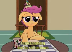 Size: 1025x739 | Tagged: artist needed, balloon, birthday, caption, dead stare, depressed, derpibooru import, disappointed, hat, i expect nothing and i'm still let down, lonely, malcolm in the middle, nothing, party hat, reaction image, sad, safe, scootaloo, solo