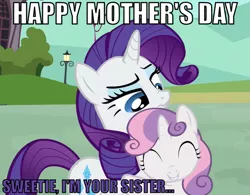 Size: 629x490 | Tagged: caption, derpibooru import, hug, image macro, implications, mother's day, rarity, safe, scrunchy face, sweetie belle, sweetiedumb, text