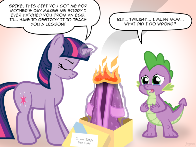 Size: 1440x1080 | Tagged: safe, artist:jepso, derpibooru import, spike, twilight sparkle, abuse, clothes, crying, feels, fire, mama twilight, mother's day, out of character, parody, present, robe, speech bubble, spikeabuse, superdickery, superman, twibitch sparkle