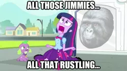 Size: 625x351 | Tagged: safe, derpibooru import, edit, edited screencap, screencap, spike, twilight sparkle, dog, gorilla, equestria girls, equestria girls (movie), caption, image macro, jimmies, spike the dog, text