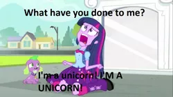 Size: 1067x600 | Tagged: safe, derpibooru import, edit, edited screencap, screencap, spike, twilight sparkle, dog, equestria girls, equestria girls (movie), exploitable meme, irony, meme, screaming, spike the dog, the last unicorn, twiscream, you don't say