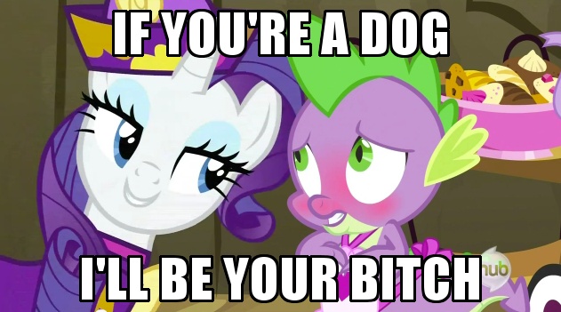 Size: 631x351 | Tagged: safe, derpibooru import, edit, edited screencap, screencap, rarity, spike, dragon, pony, unicorn, dragon quest, equestria girls, equestria girls (movie), apron, blushing, caption, clothes, female, hub logo, image macro, male, mare, meme, naked apron, rarity's bad pickup lines, shipping, sparity, straight, text, vulgar