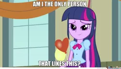 Size: 960x552 | Tagged: safe, derpibooru import, twilight sparkle, equestria girls, equestria girls (movie), balloon, blatant lies, caption, image macro, meme, no, text, you are not alone