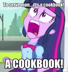 Size: 716x758 | Tagged: safe, derpibooru import, edit, edited screencap, screencap, twilight sparkle, equestria girls, equestria girls (movie), caption, cropped, damon knight, exploitable meme, meme, solo, the twilight zone, to serve man, twiscream