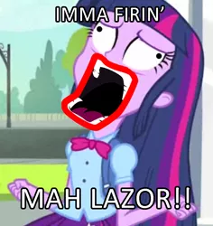 Size: 716x758 | Tagged: safe, derpibooru import, edit, edited screencap, screencap, twilight sparkle, equestria girls, equestria girls (movie), caption, exploitable meme, face, image macro, meme, shoop da whoop, text, twiscream