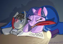 Size: 910x640 | Tagged: artist:bibliodragon, blanket, book, cute, derpibooru import, eyes closed, female, filly, flashlight (object), night, prone, quill, reading, safe, sleeping, smarty pants, smiling, solo, twilight sparkle