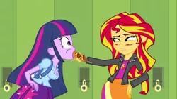 Size: 1280x720 | Tagged: suggestive, derpibooru import, edit, edited screencap, screencap, sunset shimmer, twilight sparkle, equestria girls, equestria girls (movie), breast edit, breasts, cleavage, corn, corndog, female, food, lesbian, not porn, sausage, shipping, sunsetsparkle, tongue out