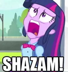 Size: 236x250 | Tagged: safe, derpibooru import, edit, edited screencap, screencap, twilight sparkle, equestria girls, equestria girls (movie), caption, cropped, exploitable meme, font, image macro, meme, shazam, text, twiscream