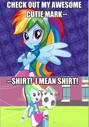 Size: 374x527 | Tagged: safe, derpibooru import, rainbow dash, equestria girls, equestria girls (movie), awesome cutie mark, caption, exploitable meme, football, image macro, meme, sports, text