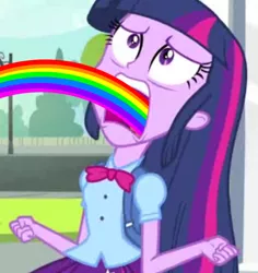 Size: 716x758 | Tagged: safe, derpibooru import, edit, edited screencap, screencap, twilight sparkle, equestria girls, equestria girls (movie), cropped, exploitable meme, female, meme, puking rainbows, rainbow, solo, twiscream, vomiting