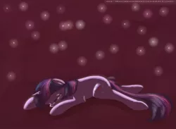Size: 930x680 | Tagged: artist:nos-talgia, crying, derpibooru import, firefly (insect), floppy ears, insect, lights, lying down, prone, sad, safe, solo, twilight sparkle