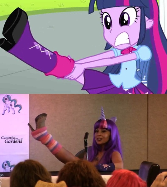 Size: 790x884 | Tagged: safe, derpibooru import, twilight sparkle, human, equestria girls, equestria girls (movie), canterlot gardens, clothes, comparison, cosplay, costume, irl, irl human, photo, tara strong