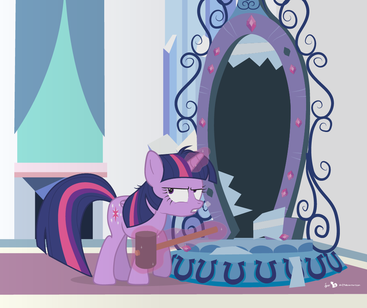 Size: 1000x840 | Tagged: safe, artist:dm29, derpibooru import, twilight sparkle, twilight sparkle (alicorn), alicorn, equestria girls, equestria girls (movie), angry, hammer, magic mirror, messy mane, mirror, solo