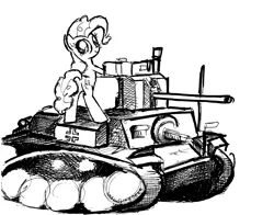 Size: 4577x3584 | Tagged: safe, artist:smellslikebeer, derpibooru import, pinkie pie, pony, bipedal, black and white, crosshatch, grayscale, ink, looking at you, monochrome, tank (vehicle), traditional art