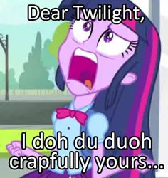 Size: 716x758 | Tagged: safe, derpibooru import, edit, edited screencap, screencap, twilight sparkle, equestria girls, equestria girls (movie), caption, cropped, exploitable meme, homestar runner, image macro, meme, solo, strong bad, text, twiscream