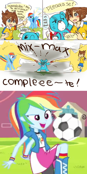 Size: 500x1000 | Tagged: safe, artist:mr-tiaa, derpibooru import, edit, rainbow dash, pegasus, pony, equestria girls, equestria girls (movie), ball, clark wonderbot, crossover, football, fusion, inazuma eleven, inazuma eleven go, inazuma eleven go chrono stone, matsukaze tenma, mixi max, parody, sports