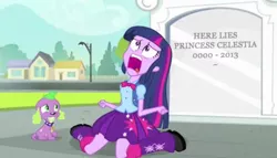 Size: 648x370 | Tagged: safe, derpibooru import, edit, edited screencap, screencap, spike, twilight sparkle, dog, equestria girls, equestria girls (movie), duo, exploitable meme, female, gravestone, implied death, male, meme, spike the dog, twiscream