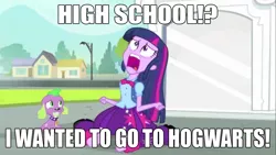 Size: 1366x768 | Tagged: safe, artist:death-driver-5000, derpibooru import, edit, edited screencap, screencap, spike, twilight sparkle, dog, equestria girls, equestria girls (movie), duo, exploitable meme, harry potter, hogwarts, image, meme, meme template, png, spike the dog, twiscream, wondercolt statue