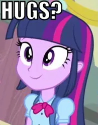 Size: 258x330 | Tagged: safe, derpibooru import, edit, screencap, twilight sparkle, equestria girls, equestria girls (movie), bronybait, caption, cute, hug, hug request, huggable, image macro, text, twiabetes, twismile