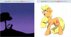 Size: 647x339 | Tagged: applejack, applejack's parents, crying, derpibooru, derpibooru import, exploitable meme, juxtaposition, juxtaposition win, meme, meta, night, sad, safe, shooting star, tree, twilight sparkle