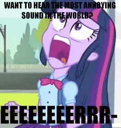 Size: 716x758 | Tagged: safe, derpibooru import, edit, edited screencap, screencap, twilight sparkle, equestria girls, equestria girls (movie), cropped, dumb and dumber, exploitable meme, meme, most annoying sound in the world, solo, twiscream