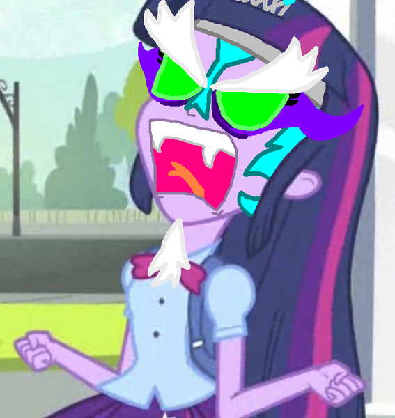 Size: 661x700 | Tagged: safe, derpibooru import, edit, edited screencap, screencap, twilight sparkle, oc, equestria girls, equestria girls (movie), cropped, exploitable meme, glowing eyes, meme, solo, sombra eyes, tiara ultima, twiscream