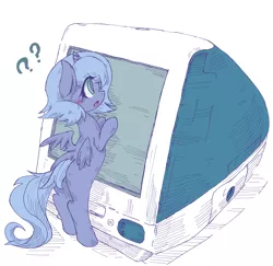 Size: 1000x970 | Tagged: safe, artist:kolshica, derpibooru import, princess luna, pony, apple (company), bipedal, bipedal leaning, computer, female, filly, imac, imac g3, leaning, micro, solo, tiny, tiny ponies, woona, younger