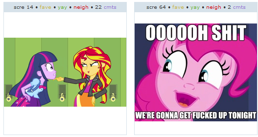 Size: 527x280 | Tagged: safe, derpibooru import, pinkie pie, sunset shimmer, twilight sparkle, derpibooru, equestria girls, equestria girls (movie), caption, exploitable meme, image macro, juxtaposition, juxtaposition win, meme, meta, text, vulgar