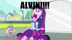 Size: 795x449 | Tagged: safe, derpibooru import, edit, edited screencap, screencap, spike, twilight sparkle, dog, equestria girls, equestria girls (movie), alvin, alvin and the chipmunks, alvin seville, duo, exploitable meme, meme, spike the dog, twiscream