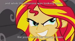 Size: 816x452 | Tagged: safe, derpibooru import, edit, edited screencap, screencap, sunset shimmer, equestria girls, equestria girls (movie), american pie, caption, don mcclean, image macro, lyrics, solo, song reference, text