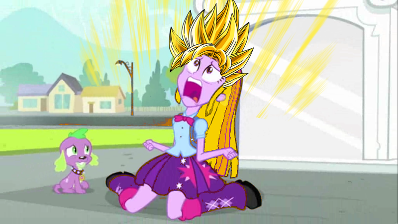 Size: 1366x768 | Tagged: safe, derpibooru import, edit, edited screencap, screencap, spike, twilight sparkle, dog, equestria girls, equestria girls (movie), dragon ball z, duo, exploitable meme, meme, screaming, spike the dog, super saiyan, twiscream