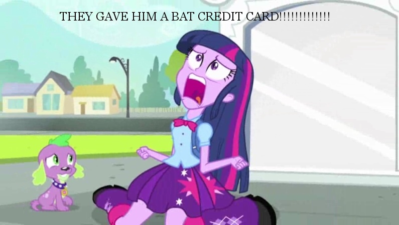 Size: 795x449 | Tagged: safe, derpibooru import, edit, edited screencap, screencap, spike, twilight sparkle, dog, equestria girls, equestria girls (movie), bat credit card, batman and robin, duo, exploitable meme, meme, nostalgia critic, spike the dog, twiscream, uvula