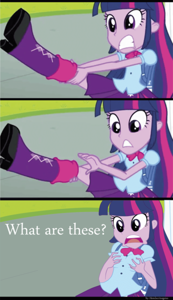 Size: 1200x2079 | Tagged: suggestive, artist:hendocrinogeno, derpibooru import, edit, edited screencap, screencap, twilight sparkle, equestria girls, equestria girls (movie), breast fondling, breast grab, breasts, caption, comic, confused, female, grope, screencap comic, solo, solo female