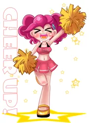 Size: 1300x1800 | Tagged: ><, armpits, artist:chch, belly button, cheerleader, clothes, cute, derpibooru import, diapinkes, eyes closed, human, humanized, midriff, pigtails, pinkie pie, pom pom, safe, skirt, solo, stars, twintails