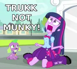 Size: 500x449 | Tagged: safe, derpibooru import, edit, edited screencap, screencap, spike, twilight sparkle, dog, equestria girls, equestria girls (movie), beast wars, caption, cropped, duo, exploitable meme, image macro, meme, spike the dog, text, transformers, trukk not munky, twiscream