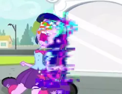 Size: 890x688 | Tagged: safe, artist:glitchicorn, derpibooru import, edit, edited screencap, screencap, twilight sparkle, equestria girls, equestria girls (movie), cropped, error, exploitable meme, glitch, glitch art, meme, solo, twiscream