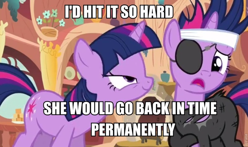 Size: 960x571 | Tagged: safe, derpibooru import, edit, edited screencap, screencap, twilight sparkle, pony, unicorn, it's about time, caption, eyepatch, female, future twilight, i'd fuck it, implied selfcest, innuendo, mare, text