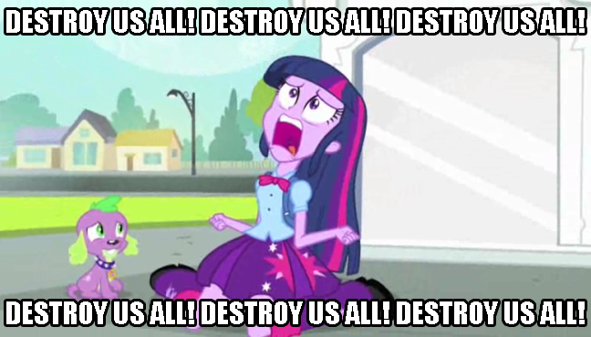 Size: 648x370 | Tagged: safe, derpibooru import, edit, edited screencap, screencap, spike, twilight sparkle, dog, equestria girls, equestria girls (movie), caption, duo, exploitable meme, image macro, meme, spike the dog, text, the grim adventures of billy and mandy, twiscream