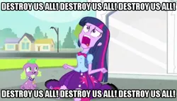 Size: 648x370 | Tagged: safe, derpibooru import, edit, edited screencap, screencap, spike, twilight sparkle, dog, equestria girls, equestria girls (movie), caption, duo, exploitable meme, image macro, meme, spike the dog, text, the grim adventures of billy and mandy, twiscream