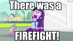 Size: 960x540 | Tagged: safe, derpibooru import, edit, edited screencap, screencap, spike, twilight sparkle, dog, equestria girls, equestria girls (movie), boondock saints, caption, exploitable meme, image macro, meme, spike the dog, text, the boondock saints, twiscream