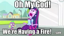 Size: 960x540 | Tagged: safe, derpibooru import, edit, edited screencap, screencap, spike, twilight sparkle, dog, equestria girls, equestria girls (movie), arrested development, caption, exploitable meme, image macro, meme, spike the dog, text, twiscream