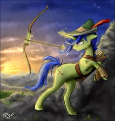 Size: 553x582 | Tagged: arrow, artist:pygmygoatofdoom, bow and arrow, bow (weapon), derpibooru import, feather, hat, magic, oc, robin hood, safe, unofficial characters only, weapon