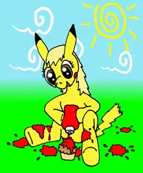 Size: 1000x1200 | Tagged: artist:merkleythedrunken, derpibooru import, food, fusion, ketchup, muffin, pikachu, pokémon, safe, sauce, solo