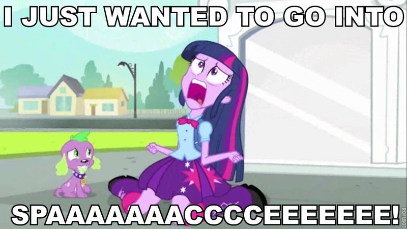 Size: 960x540 | Tagged: safe, derpibooru import, edit, edited screencap, screencap, spike, twilight sparkle, dog, equestria girls, equestria girls (movie), 7 days a skeptic, caption, chzo mythos, duo, exploitable meme, image macro, meme, spike the dog, text, twiscream