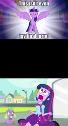 Size: 1248x2314 | Tagged: safe, artist:grievousfan, derpibooru import, edit, edited screencap, screencap, spike, twilight sparkle, twilight sparkle (alicorn), alicorn, dog, equestria girls, equestria girls (movie), magical mystery cure, alicorn drama, caption, comic, drama, equestria girls drama, exploitable meme, image macro, meme, screencap comic, spike the dog, text, this isn't even my final form, twiscream