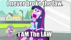 Size: 795x449 | Tagged: safe, derpibooru import, edit, edited screencap, screencap, spike, twilight sparkle, dog, equestria girls, equestria girls (movie), duo, exploitable meme, i am the law, judge dredd, meme, spike the dog, twiscream