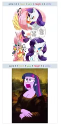 Size: 305x620 | Tagged: suggestive, artist:zakro, derpibooru import, fluttershy, rarity, twilight sparkle, derpibooru, equestria girls, equestria girls (movie), blushing, blushing profusely, breasts, cleavage, drool, exploitable meme, female, fine art parody, flarity, juxtaposition, juxtaposition win, kissing, lesbian, licking, licking lips, meme, meta, mona lisa, shipping, tongue out, twiscream