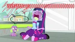 Size: 1200x675 | Tagged: safe, derpibooru import, edit, edited screencap, screencap, spike, twilight sparkle, dog, equestria girls, equestria girls (movie), big no, dialogue, duo, exploitable meme, eyes closed, kneeling, meme, open mouth, sitting, speech bubble, spike the dog, stylistic suck, twiscream